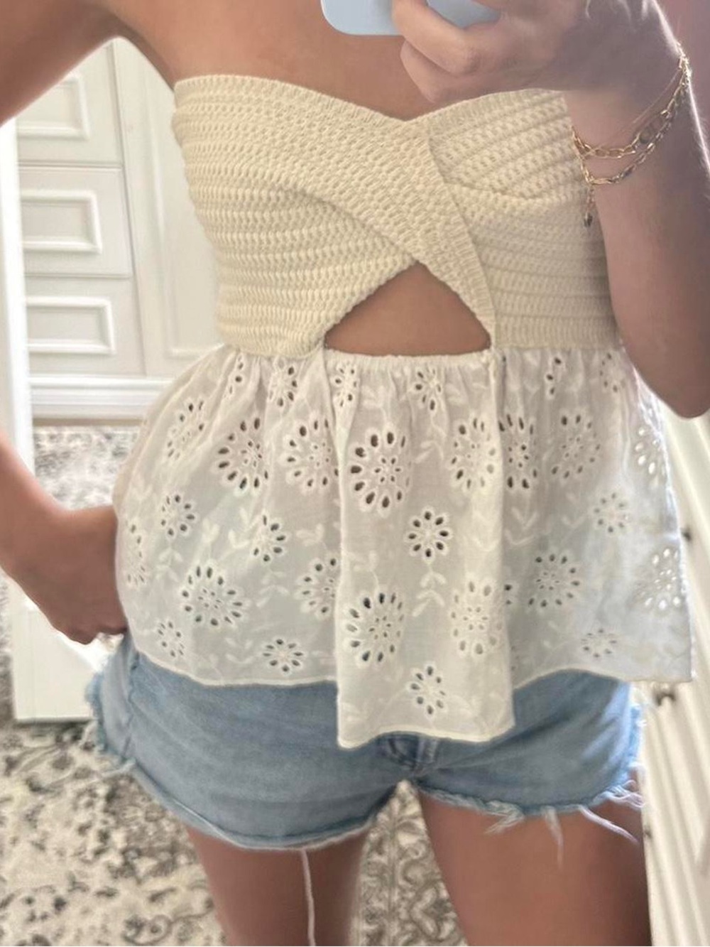 Zara Cream Strapless Eyelet crochet top XS